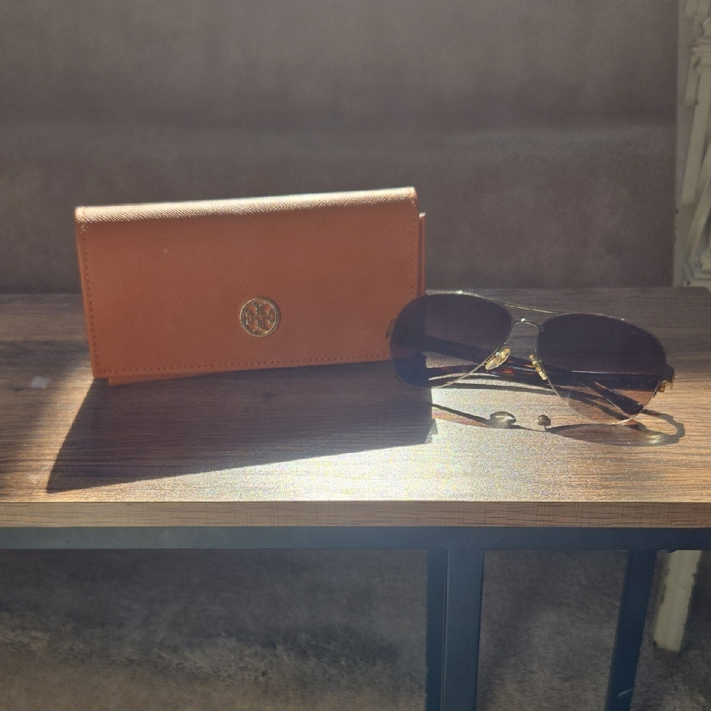 Tory Burch Gold and Brown Sunglasses with Case